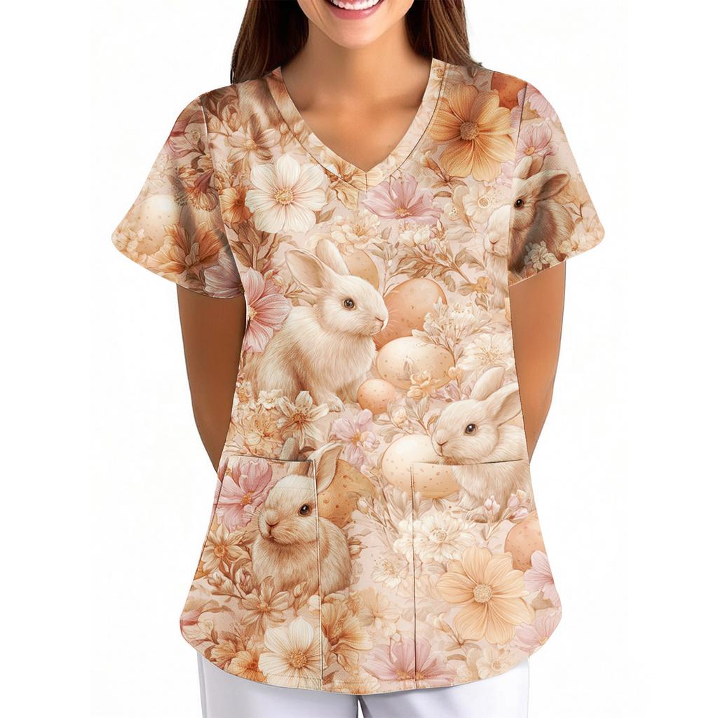 Women's Easter Print Loose V-Neck Pocket Short-Sleeve Caregiver/ Uniform