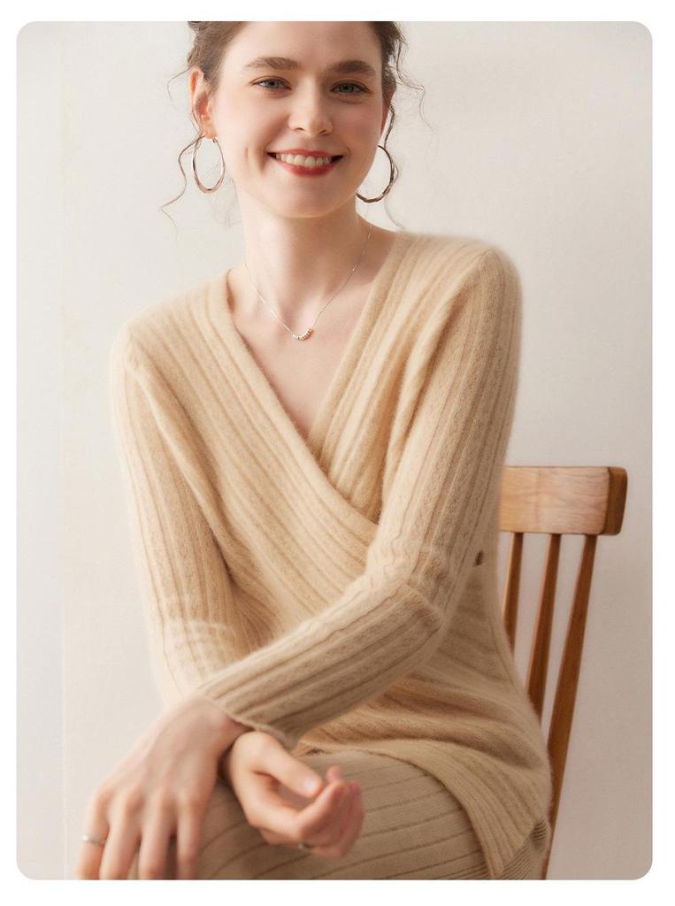 Lekasha Women's V-Neck Cross Knit Cashmere Sweater - Long Sleeve, Autumn/Winter Style