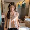 Colorful Checkered Women's Shirt Peter Pan Collar Bow Tie Lace Up Ruffle Edge Pleated Puff Sleeves Blouse Summer New Version Sweet Female's Top