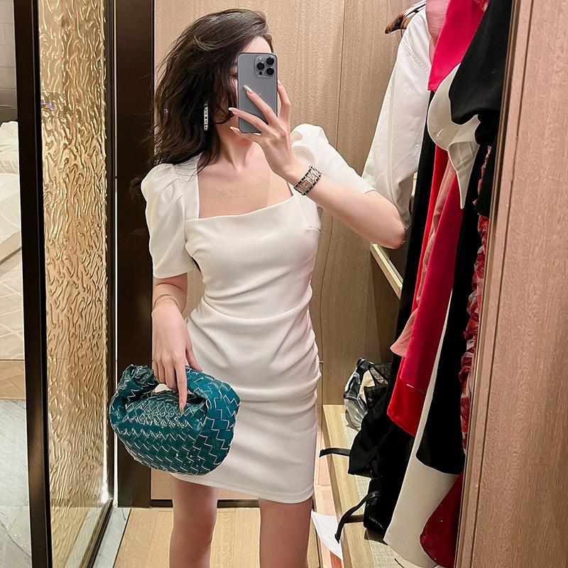 GMXIA Summer Fashion Ethos Small Slim-fit Wrap Hip Skirt Square Collar Waist Slimming Dress