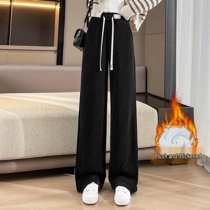 2025 New Fleece-Lined Thick Wide-Leg Straight Pants - Plus Size, Slimming, Casual Sportswear for Autumn/Winter