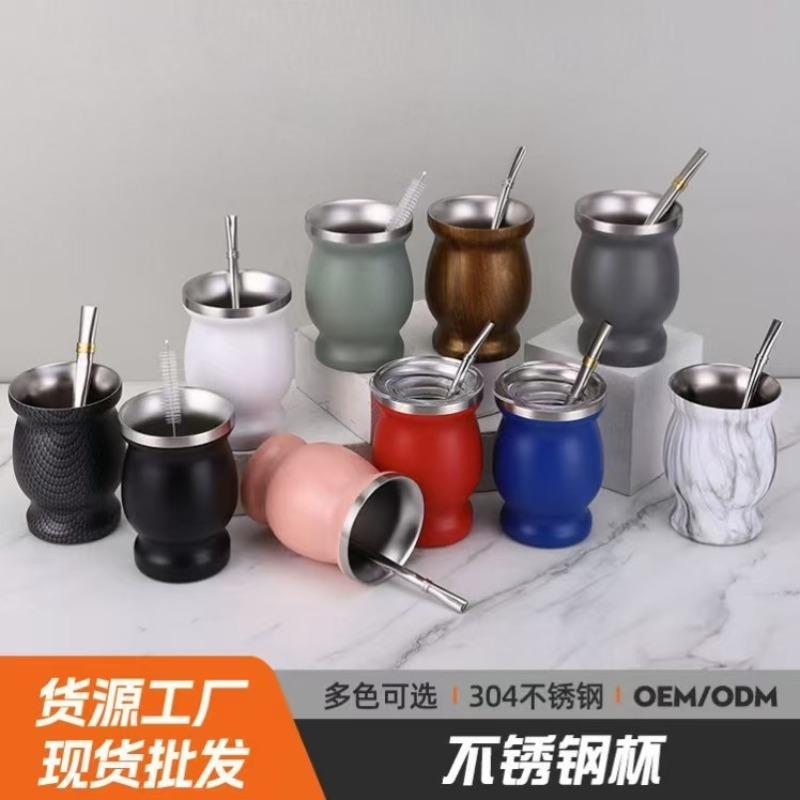 Creative Hot-selling Stainless Steel OZ Mate Cup South America Argentina Gourd-shaped Teacup with Straw Brush Stirring Spoon