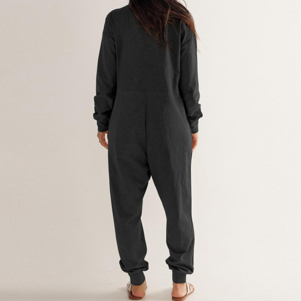 Damenmode, locker, lässig, langärmelig, V-Ausschnitt, einfarbig, Taschen-Overall