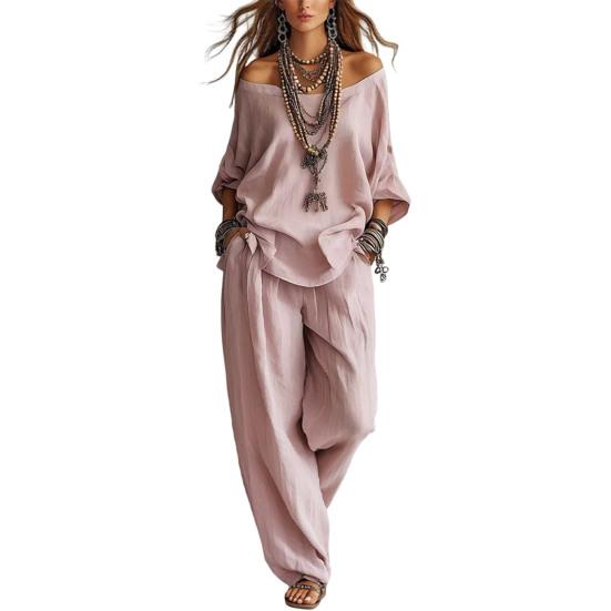 

Two Piece Matching Lounge Sets for Women Casual Off Shoulder Long Sleeve Top And Wide-Leg Pants Summer Boho Outfits S