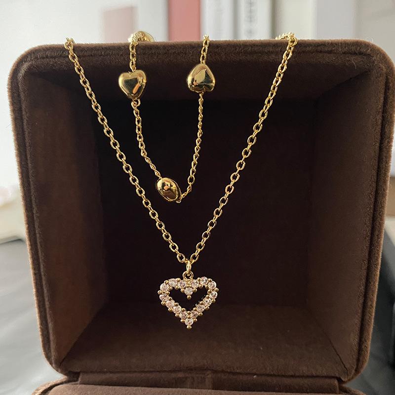 Vergoldete Liebeskette Doppellagige Flash-Diamant Zirkon Choker Halskette Temperamentvoll Schlicht Hochwertig Schlüsselbeinkette Accessoires