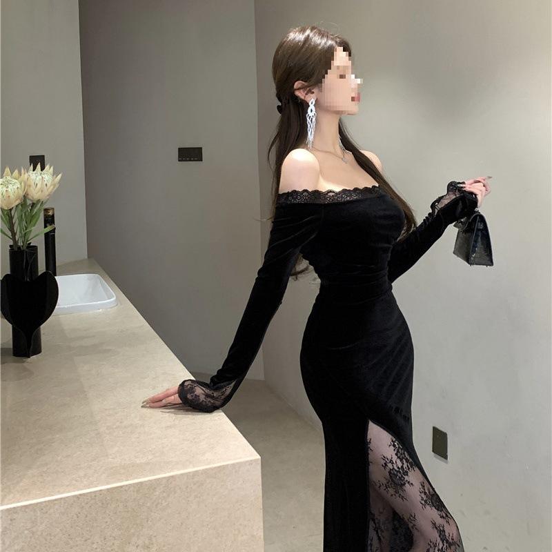 French Niche High-end Sense Sexy One-word Shoulder Lace Splicing Pure Desire Spice Girl Royal Sister Style Slim-fitting Hip-wrapped Dress