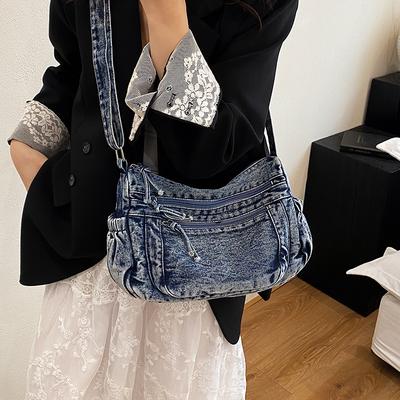 Vintage Denim Çanta Kadın İş Seyahatı Tote Çanta Büyük Kapasiteli Omuz Askılı Çapraz Askılı Çanta