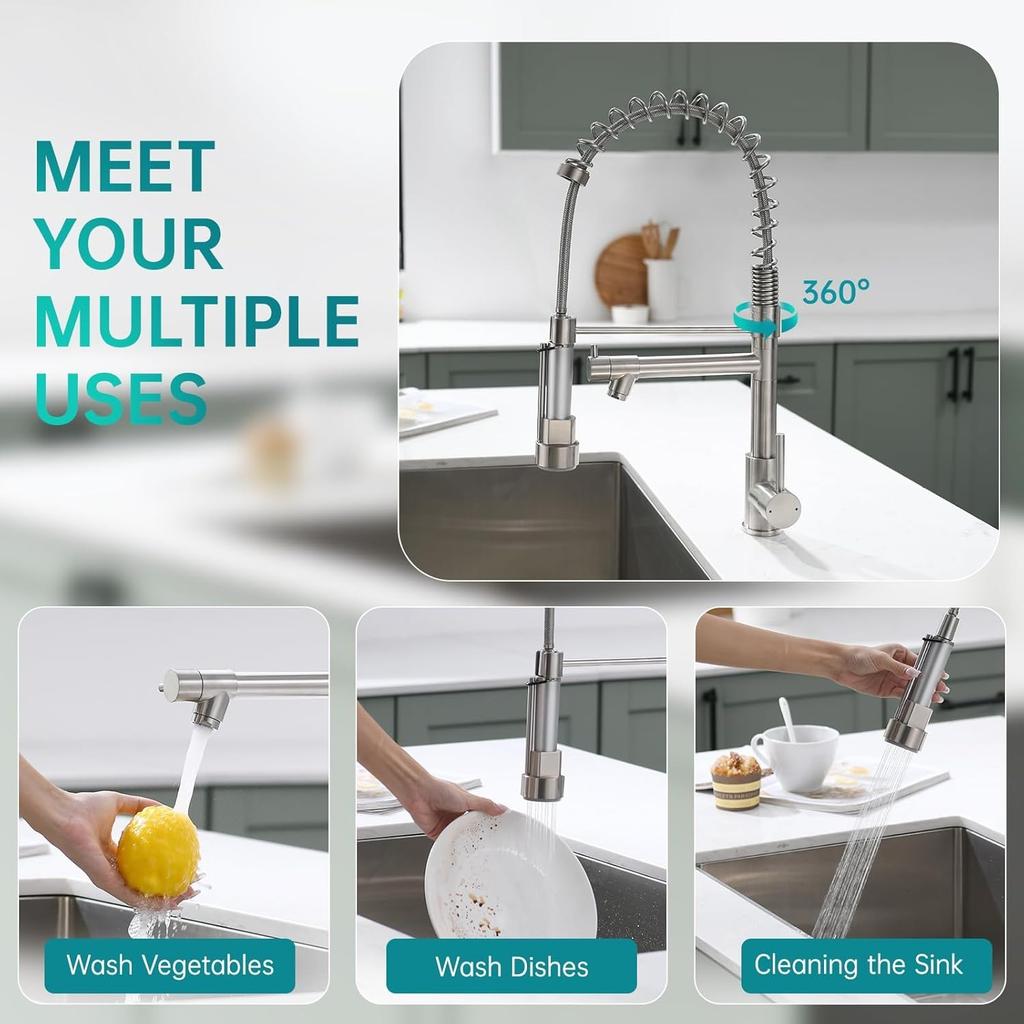 Kitchen Faucet Contemporary Spring Design Single Handle Copper with Pull Down &Out Sprayer in Brushed Nickel