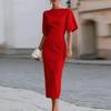 Damen Midi-Kleid Schlanke Passform Taillendesign Elegantes Bateau-Ausschnitt Kurzarm Formelles Kleid für Büro Party Abendgarderobe