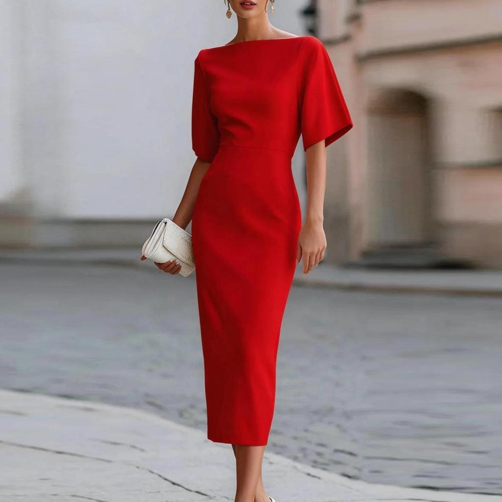 Damen Midi-Kleid Schlanke Passform Taillendesign Elegantes Bateau-Ausschnitt Kurzarm Formelles Kleid für Büro Party Abendgarderobe