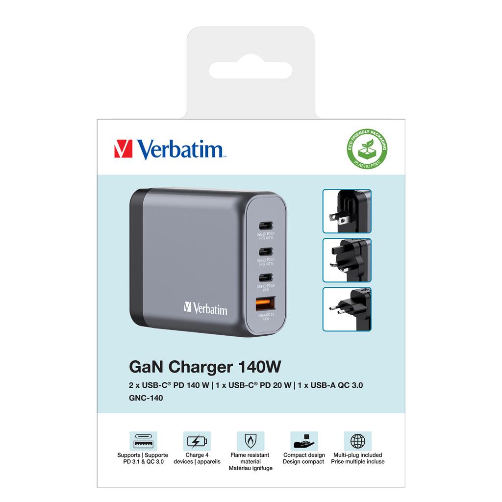 Ładowarka Sieciowa Verbatim GaN GNC-140 3xUSB-C PD (2x140W+20W) 1xUSB-A QC 3.0
