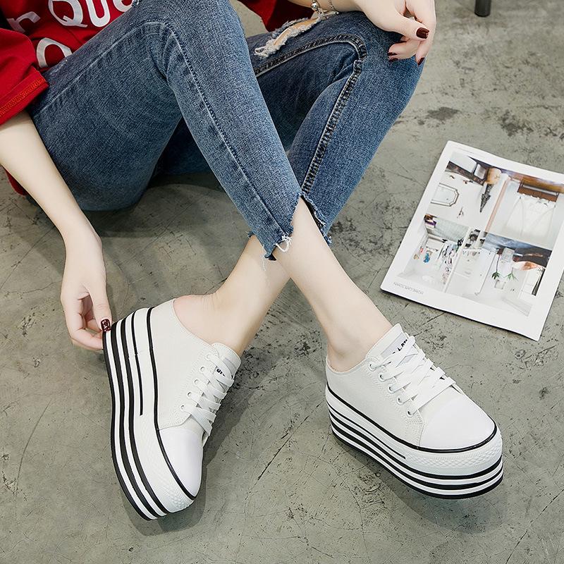New Women's Height-Enhancing Canvas Slippers: Round Toe, Lace-Up, Thick-Soled Casual Shoes for Spring & Summer