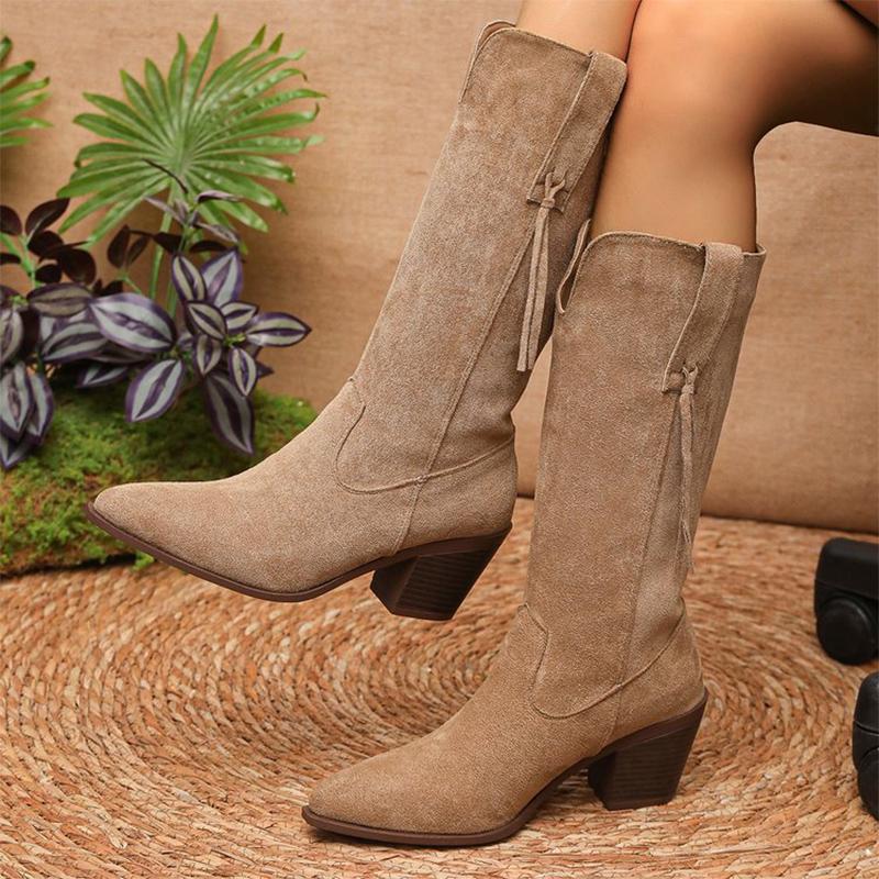 Fashion Fleece Thicken Warm Boots Women Winter 2025 Retro Slip On Faux Suede Mid Calf for Woman Pointed Toe High Heel Botas Mujer