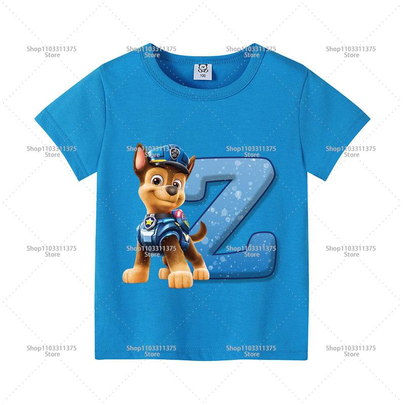 Cute PAW Patrol Blue T-shirt Boys Clothes Letter A-Z Printed Short Sleeve Cartoon Fashion Kids Birthday Toddler Cotton Tops Gift