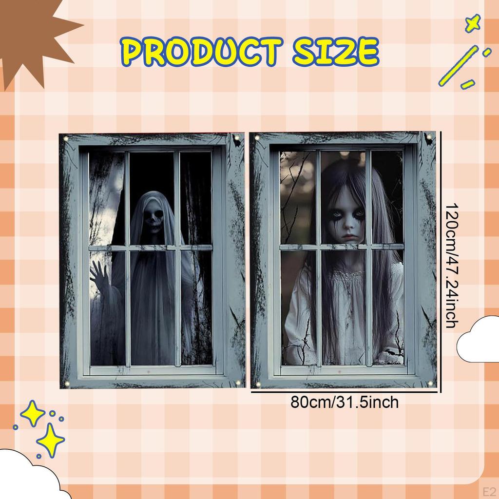 2 Pieces Halloween Window Decoration Curtain, Creepy Spooky with Rope Poster for