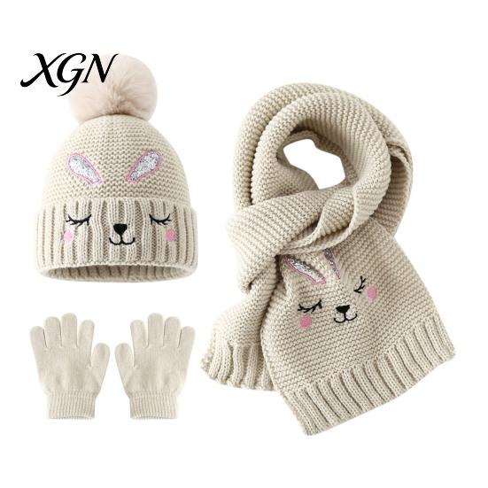 Soft Elastic Acrylic Winter Hats Hat Gloves Scarf Set for Kids, Warm Knitted Pompom Hat, Cute Windproof Cold Weather Gear Children Bunny