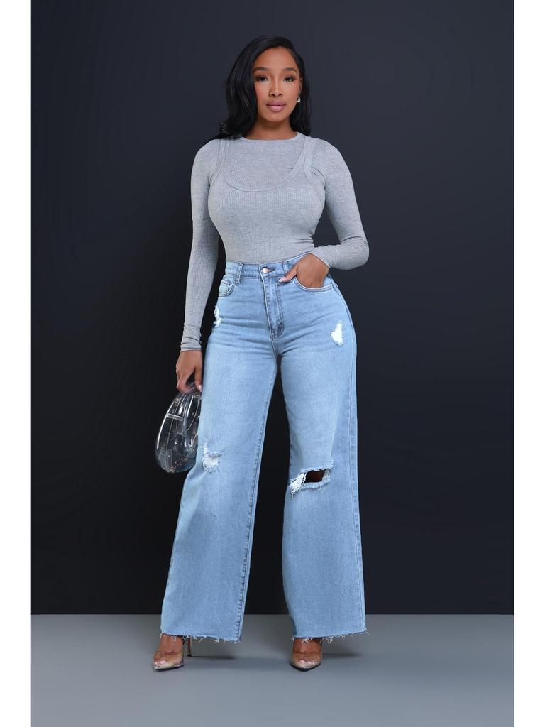2025 Summer High Waist Ripped Jeans: Women's European & American Street Style, Loose Straight Wide-Leg Pants