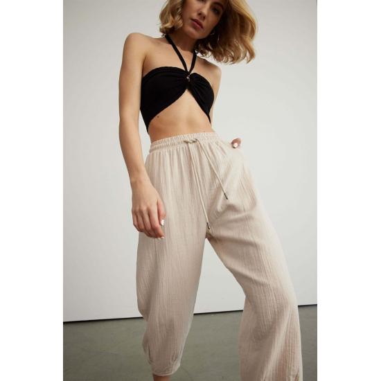 Pantaloni de jogging de damă, cu șireturi, cu talie elastică, amestec de in