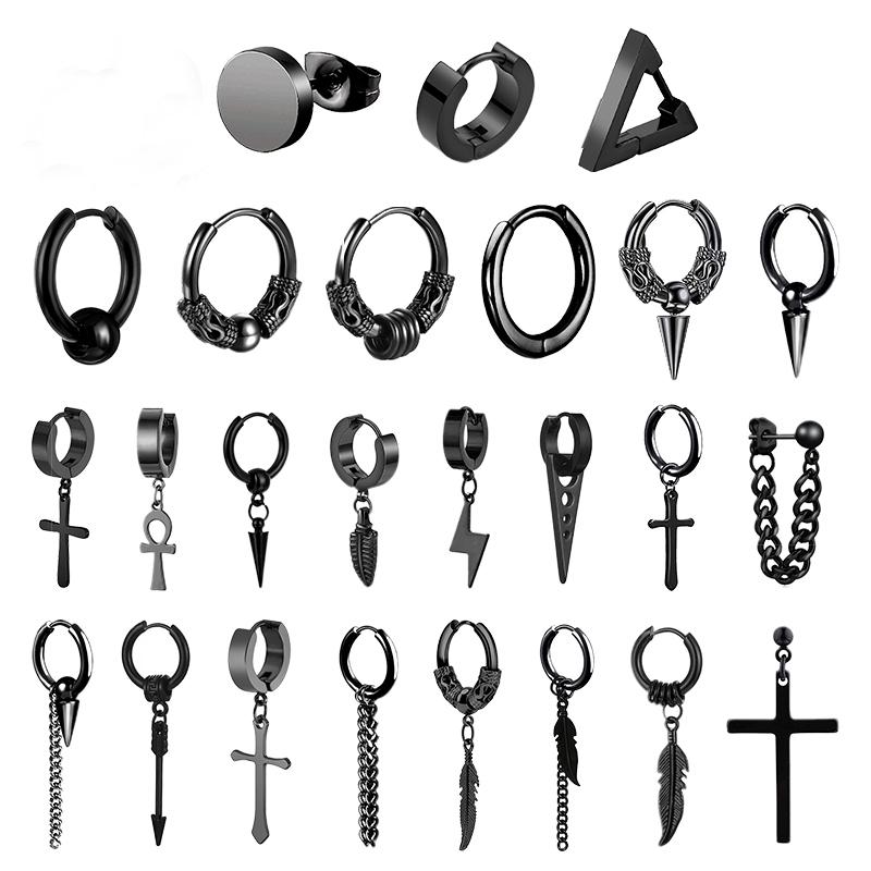 1 par de pendientes de acero inoxidable estilo punk, juego de pendientes negros para hombres y mujeres, accesorios de joyería para piercing de oreja estilo hip hop vintage