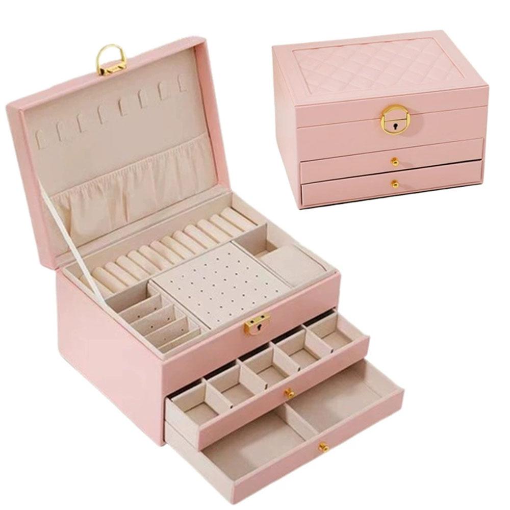 

Diamond Pattern Three-Layer Drawer Jewelry Box with Lock