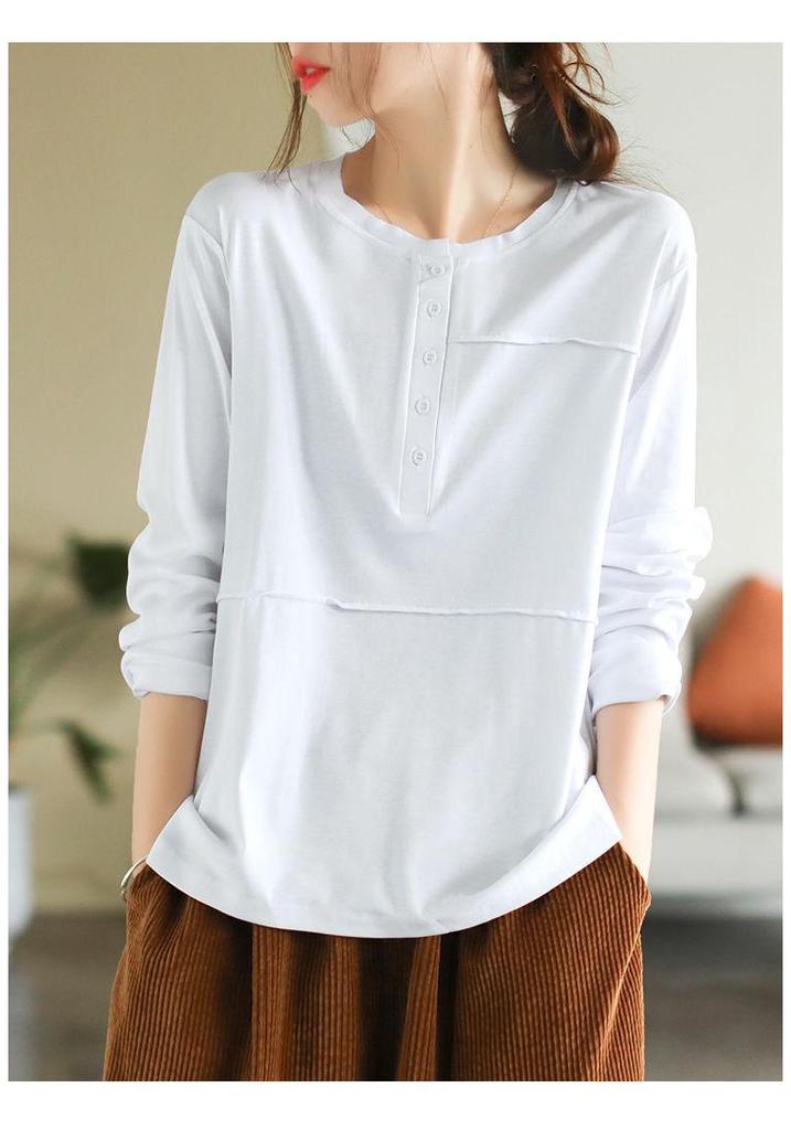 2025 Women's Retro Long-Sleeve Patchwork Button T-shirt: Slimming Casual Base Layer for Spring & Autumn