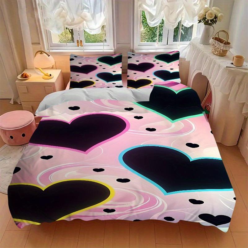 3Pcs Neon Hearts Printed Bedding Set, Breathable And Soft, Machine Washable, Christmas Gift, Suitable for Bedroom Decoration, 15171