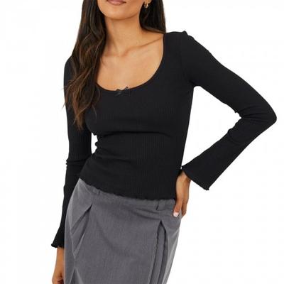 Womens/Ladies Ribbed Bow Detail Long-Sleeved Top
