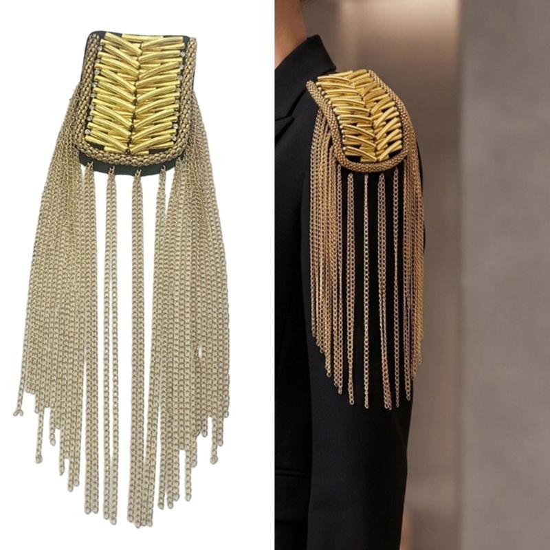 2Pcs Hand-Sewn Shoulder Epaulettes for Formalwear, Pair with Metal Tassels and Angled Tube Rows for Weddings and Ceremonies