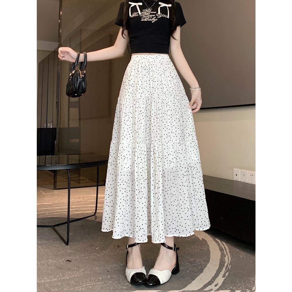 

DX~~Минималистичная полуюбка в лоскутном стиле в горошек с эластичной талией, утягивающая юбка А-силуэта, универсальная для лета, длинная юбка с большим подолом One size белый