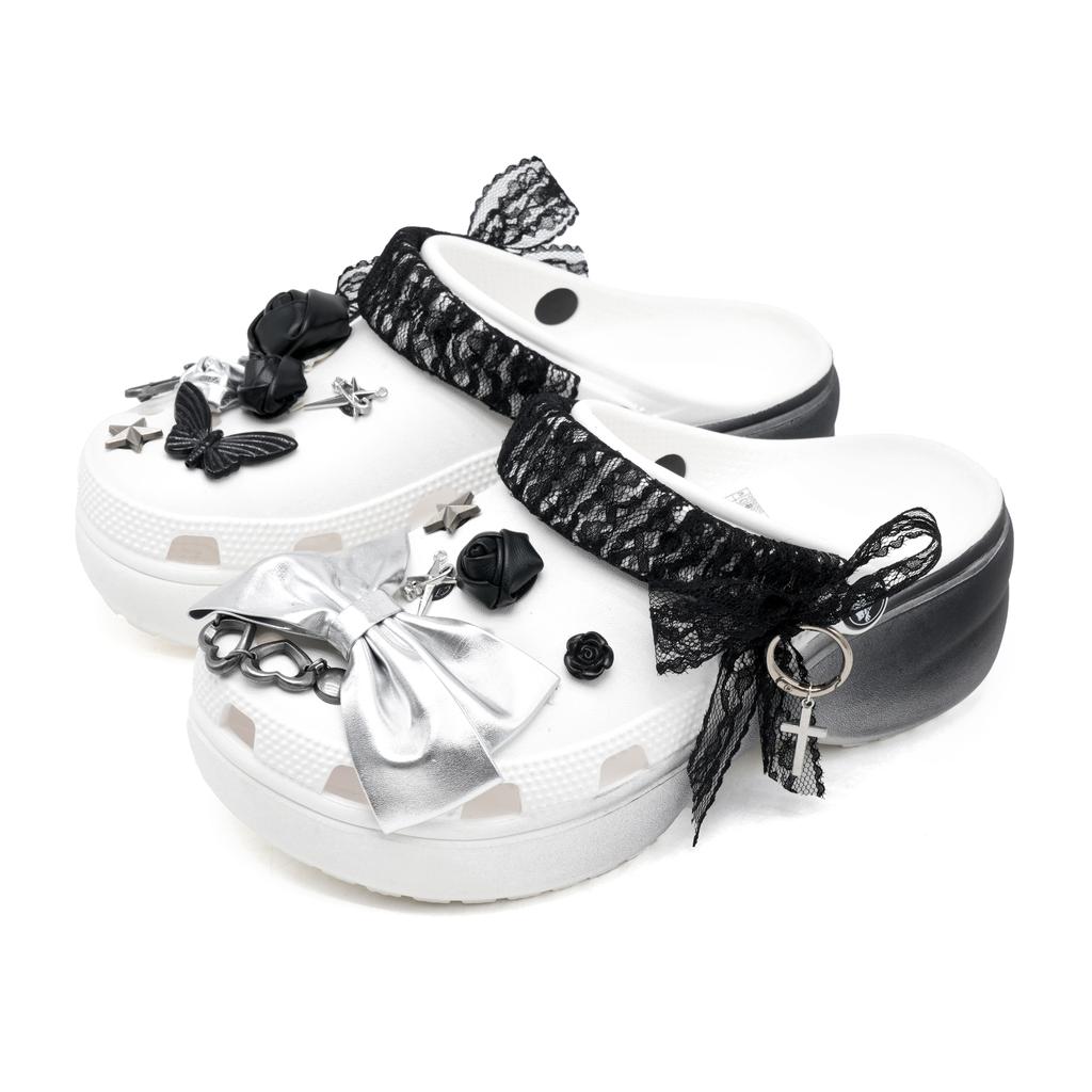 Crocs Classic Platform Clog Miss Baroque EVA French Lace Fashion Comfortable Versatile Hole Shoes Women's White