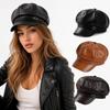 Solid Color Leather Painter Hat Versatile Octagonal hat Casual PU Beret Cap  Autumn Winter