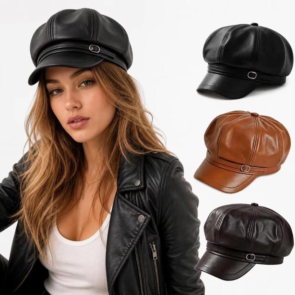 Solid Color Leather Painter Hat Versatile Octagonal hat Casual PU Beret Cap  Autumn Winter