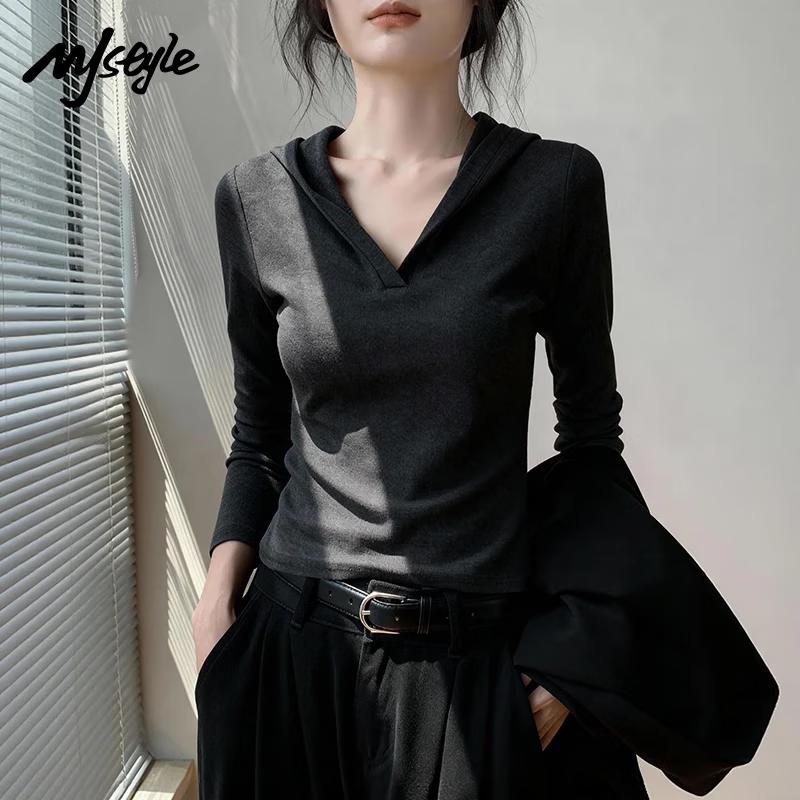 MJ STYLE Women s V-neck Hooded Warm Knit Base Shirt M