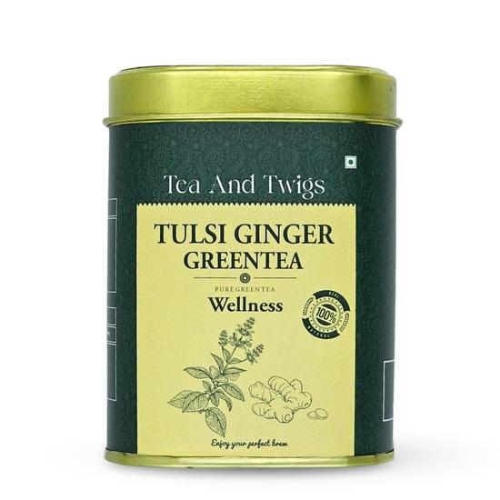 TEA AND TWIGS|Tulsi Ginger Green Tea- 15 Pyramid Tea Bags|100% Pure Ingredients - Tulsi, Ginger & Green Tea|Green Tea|110 Gram
