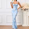 Women's Square Neck Sleeveless Maxi Dress Slim Fit High Waist Floral Print Tie Strap Mermaid Backless Sexy Summer Party Dress