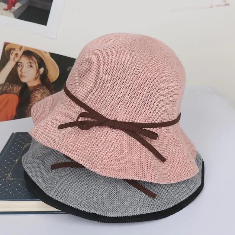 Cappello da Sole Estivo da Donna in Maglia con Fiocco a Falda Corta Protezione Solare per Uso Casual
