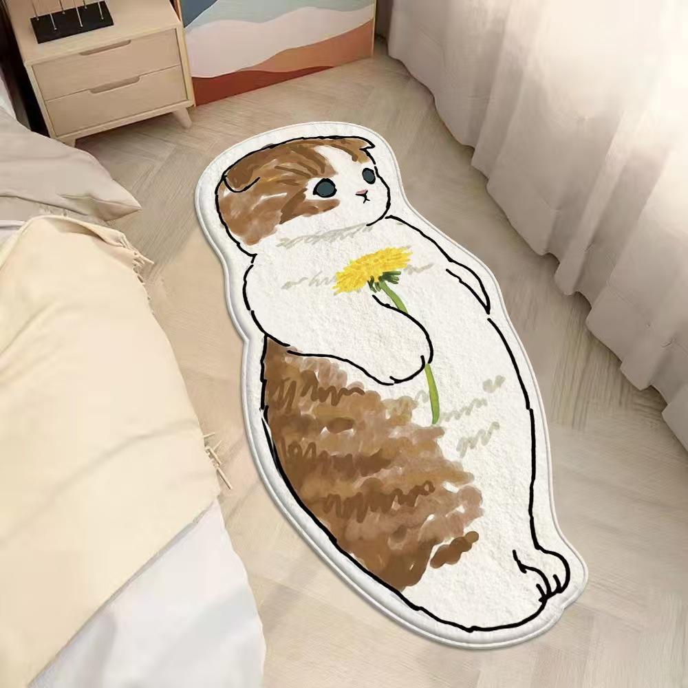 2pcs Cartoon Cute Cat Imitation Cashmere Bedroom Carpet Special-shaped Bedside Carpet Floor Mat