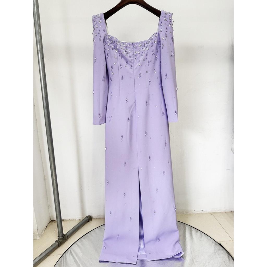 Newest Fashion Designer Vestido Women's Square Collar Beading Diamonds Long Sleeve Maxi Dress