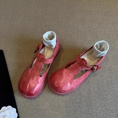 Versione in pelle di pecora~ scarpe Mary Jane con tacco alto stile retrò donna pelle punta tonda lucidate scarpe singole ragazza rosa bocca leggera piccola pelle donna