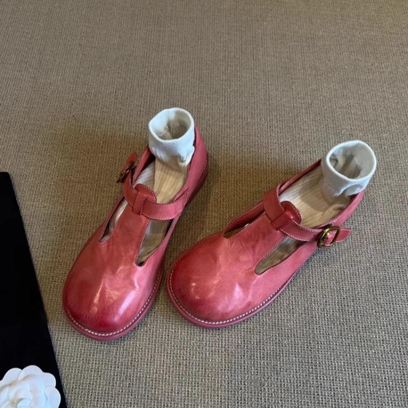 Sheepskin version~ retro style thick heel Mary Jane shoes women's leather round head polishing single shoes girl pink light mouth small leather women