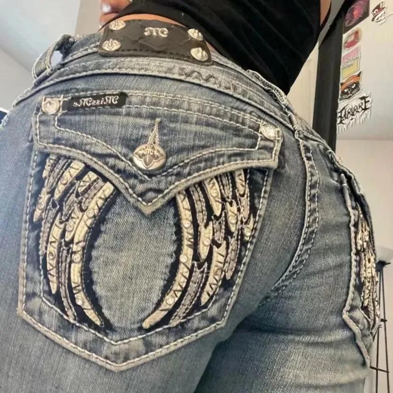 FlowStreet Jeans Vintage Anni '90 Donna Y2K Nuovi Jeans Blu Tasca Ala Ricamata Hip Hop Harajuku Gotico Pantaloni Larghi Streetwear Pantaloni Donna