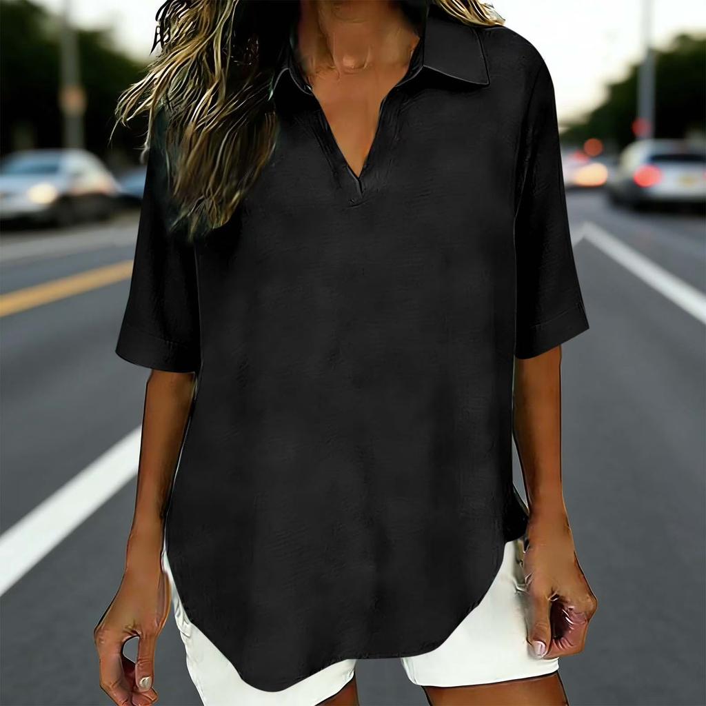 Women's  Fashionable Loose Color V-Neck Casual Cotton And Linen Shirt T-Shirt Top
