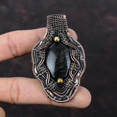 Pendente di Ossidiana con Riflessi Argentati Pendente Avvolto in Filo di Rame Pendente Elegante Gioielli in Rame con Pietra Preziosa Gioielli Fatti a Mano con Avvolgimento in Filo Regalo Per Donne