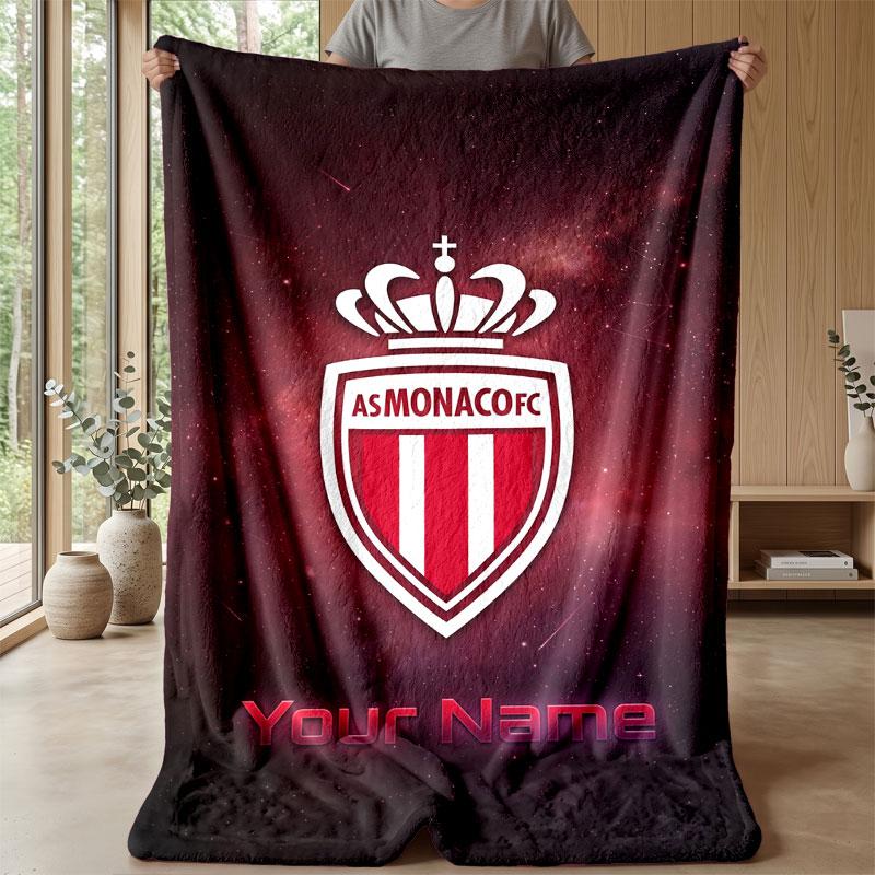 Monaco FC Custom Name Text Flannel Blanket Soccer Logo Personalized Fleece Throw Blanket Special Gift For Sofa Bedroom Home