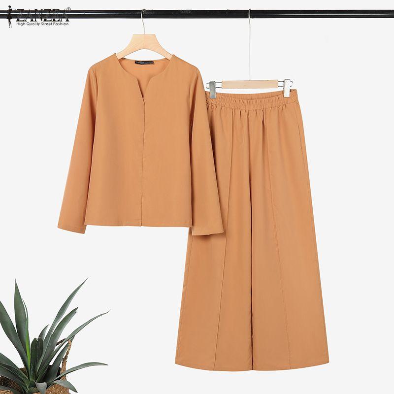 ZANZEA Women Casual Long Sleeve Blouse and Pants Two Piece Suit Sets
