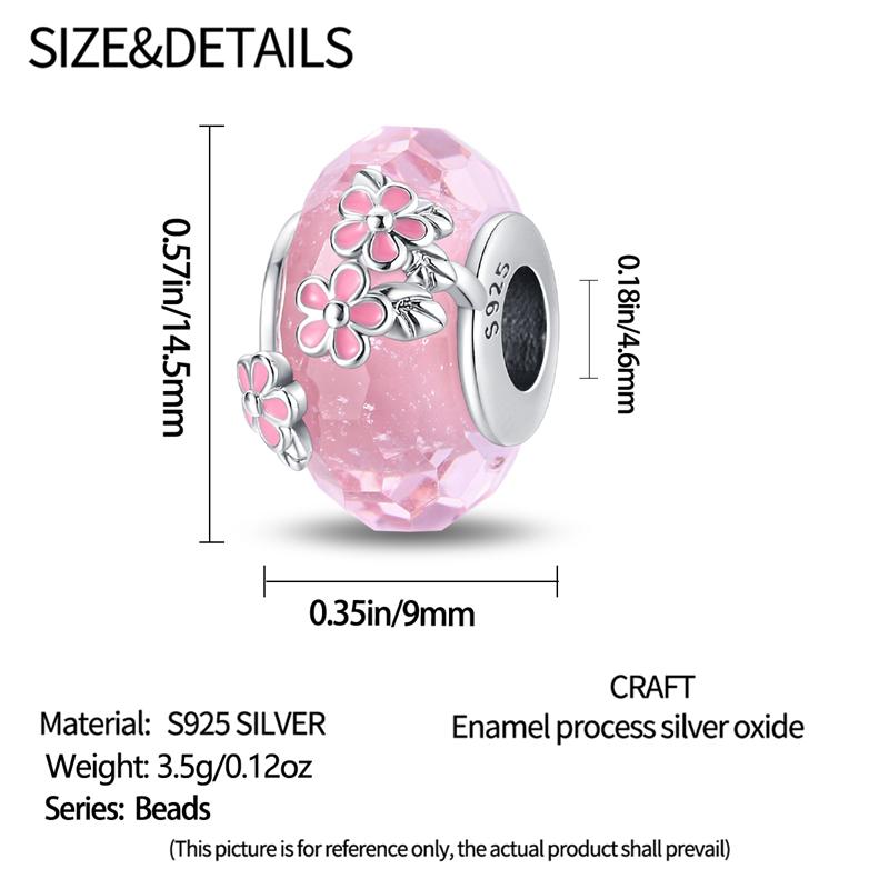 925 Silver Pink Flower Glass Charms Beads For Women Fit Bracelet DIY Birthday Party Jewelry Gifts