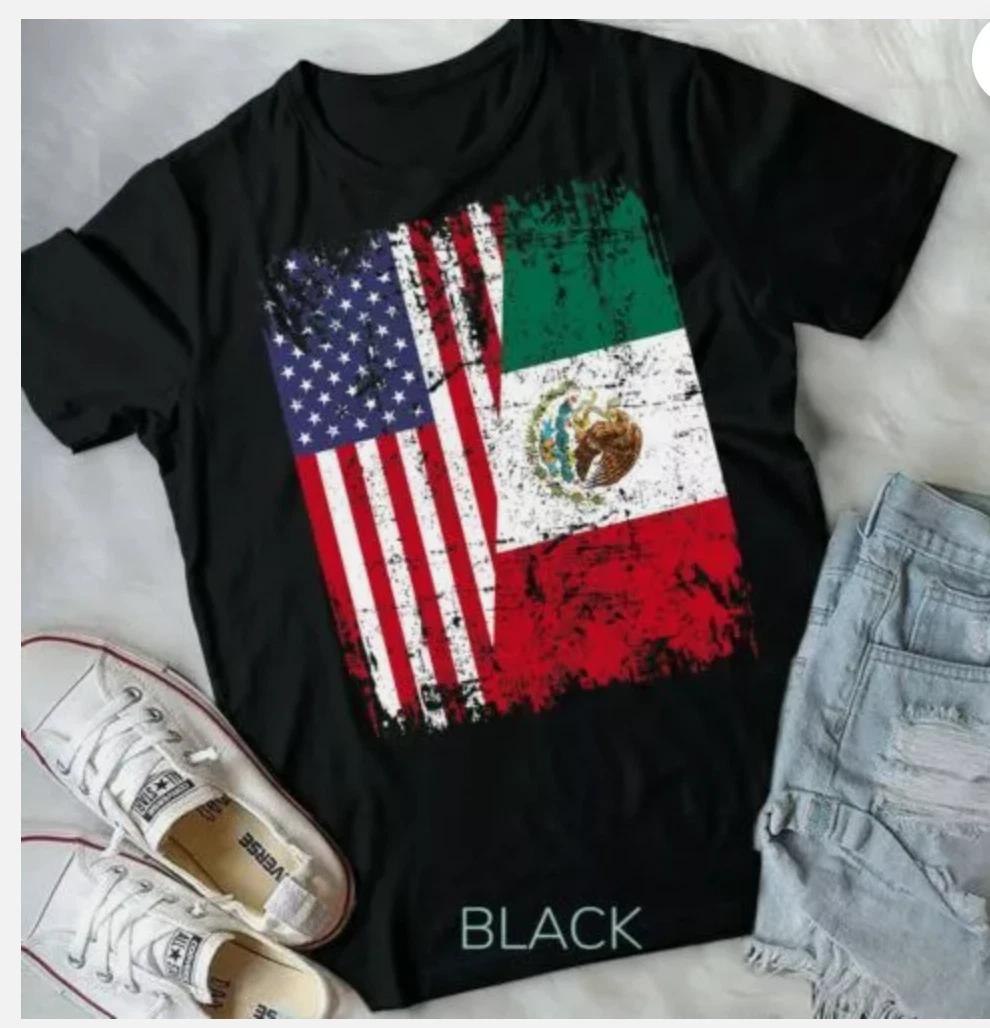 MEXICAN ROOTS TSHIRT Half American Flag MEXICO Unisex Form T-shirt XXXXL