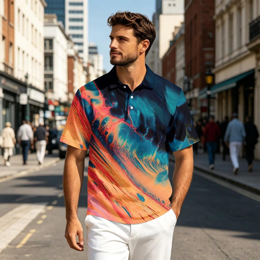Men Short Sleeve Polo Shirt Lightweight Cotton Linen Breathable Gradient Print Casual Lapel Top for Summer Outfits