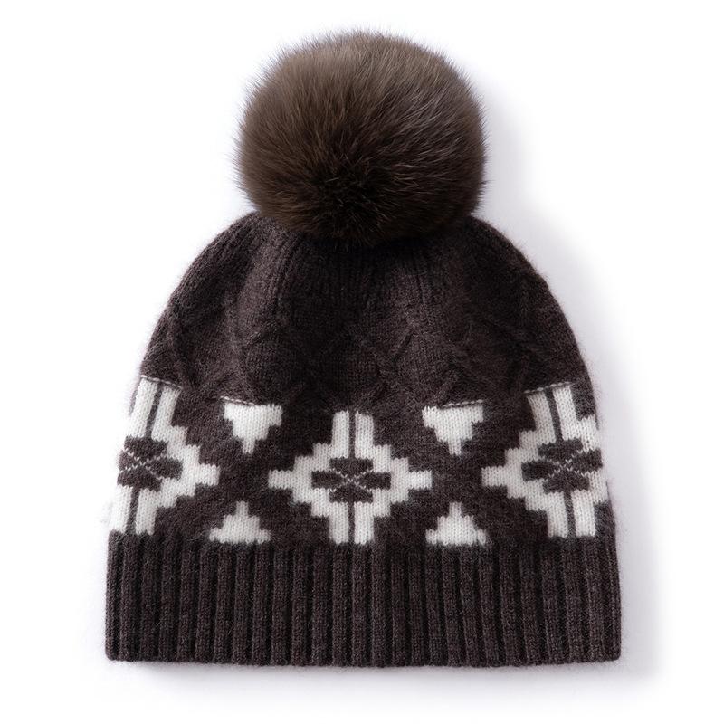Gentle wind geometric printing rhombus pure cashmere women's soft waxy skin-friendly comfortable simple knitted versatile hat