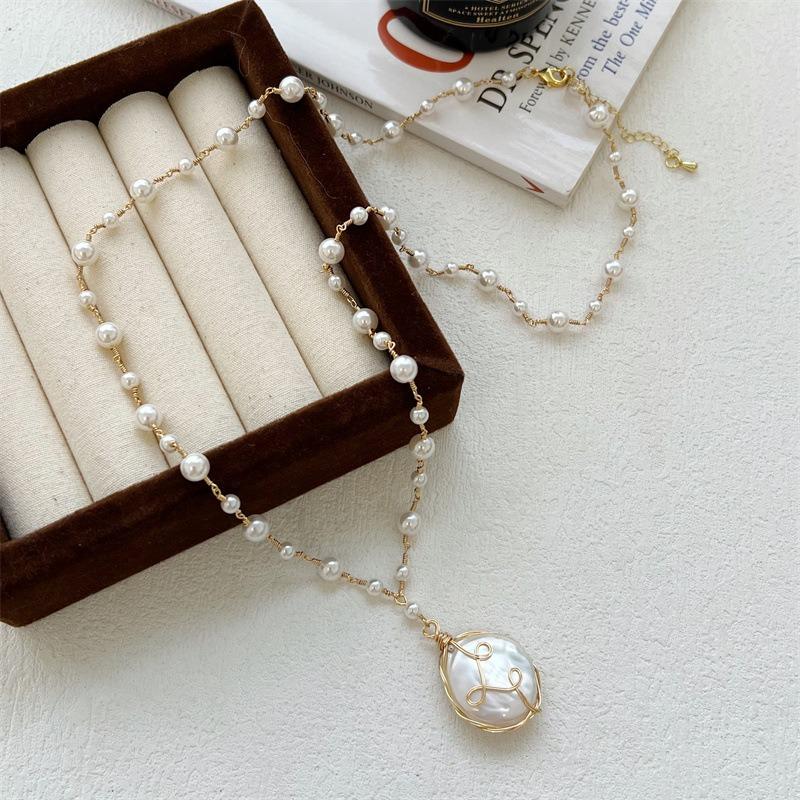 Pearl Necklace Women's Handmade Knitted Long Sweater Chain - Luxury and Exclusive Long Accessory for The Niche Market